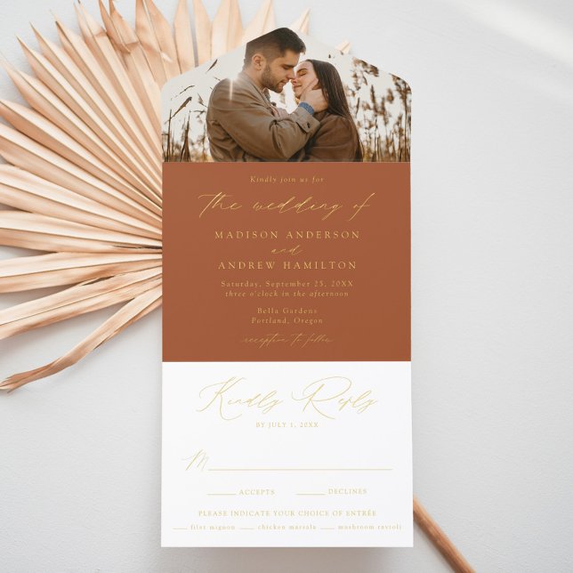 Modern Terracotta Gold Foil Script Photo Wedding All In One Invitation (Creator Uploaded)