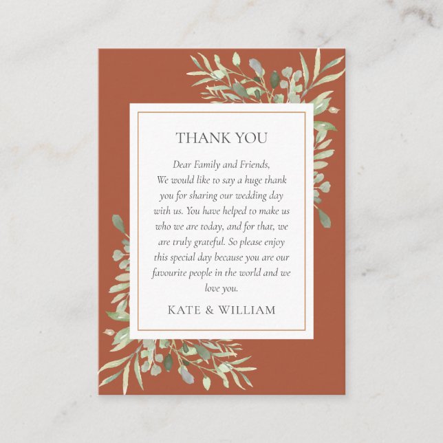 Modern Terracotta Greenery Wedding Thank You Place Card (Front)