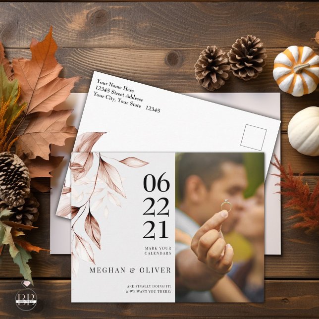 Modern Terracotta Leaf Sketch Photo Save the Date Postcard (Creator Uploaded)