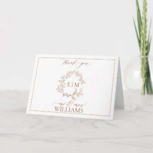 Modern Terracotta Leafy Crest Monogram Thank You Card