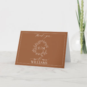 Modern Terracotta Leafy Crest Monogram Thank You Card