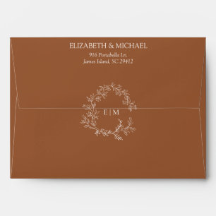 Modern Terracotta Leafy Crest Monogram Wedding Envelope