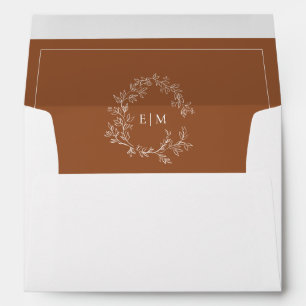 Modern Terracotta Leafy Crest Monogram Wedding Envelope
