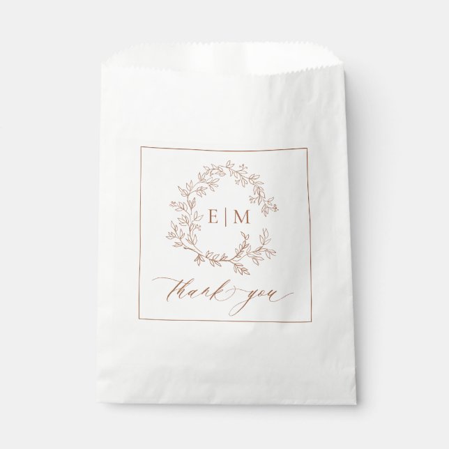 Modern Terracotta Leafy Crest Monogram Wedding Favour Bag (Front)