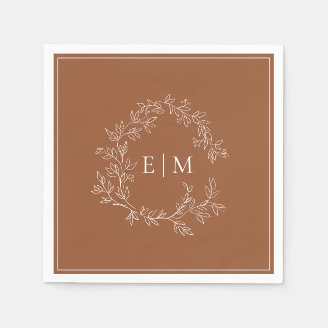 Modern Terracotta Leafy Crest Monogram Wedding Napkin (Front)