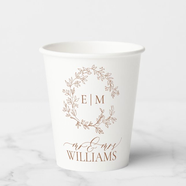 Modern Terracotta Leafy Crest Monogram Wedding Paper Cups (Front)