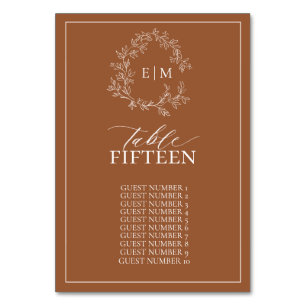 Modern Terracotta Leafy Crest Monogram Wedding Table Number