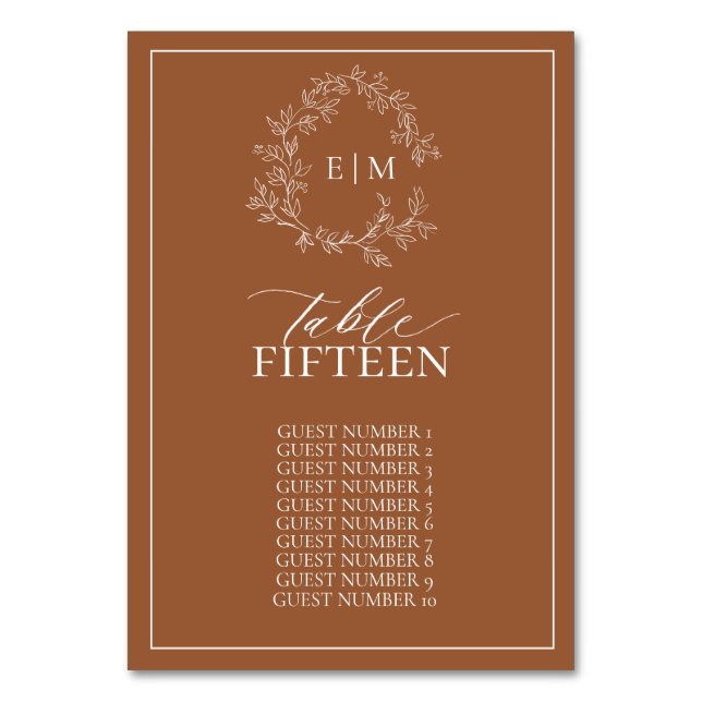 Modern Terracotta Leafy Crest Monogram Wedding Table Number (Front)