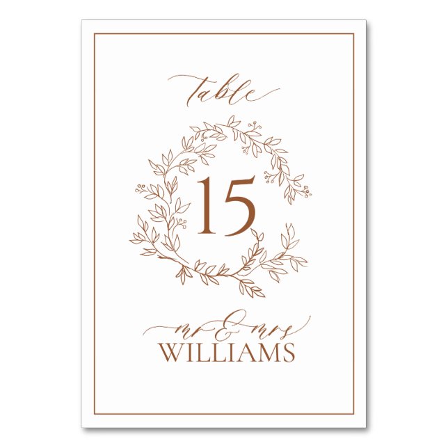 Modern Terracotta Leafy Crest Monogram Wedding Table Number (Front)