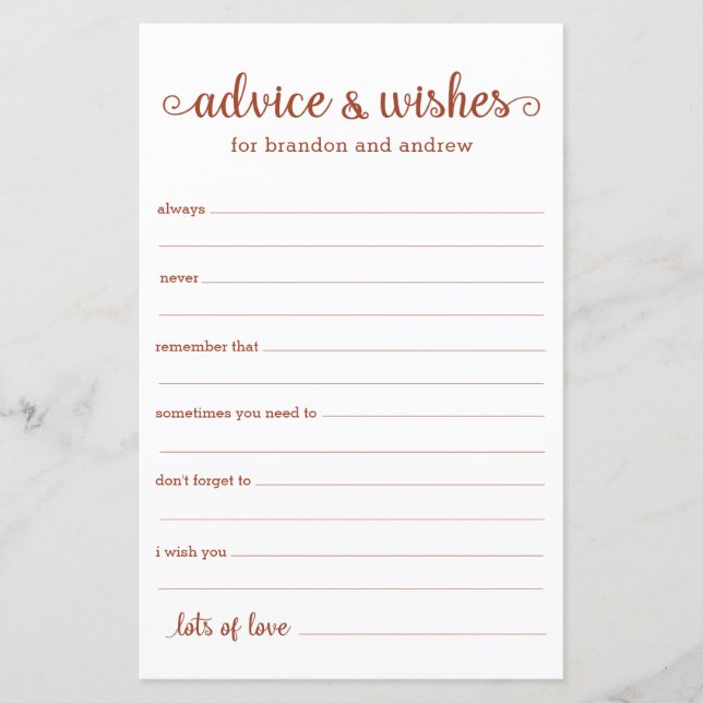 Modern Terracotta LGBTQ Wedding Advice and Wishes  (Front)