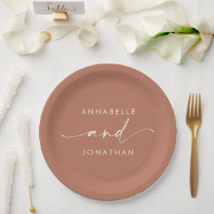 Modern terracotta minimal elegant script wedding paper plate