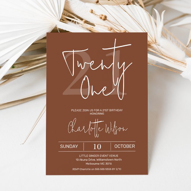 Modern Terracotta Minimalist 21st Birthday Invitation (Modern terracotta 21st birthday invitation featuring a modern calligraphy font  white text.)