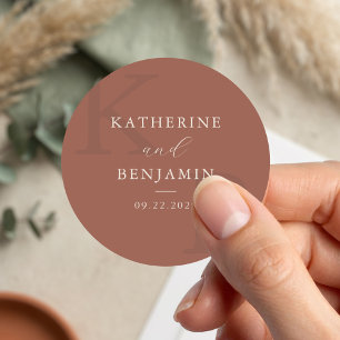 Modern Terracotta Monogram Minimalist Wedding Classic Round Sticker