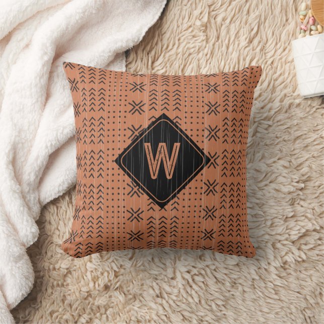 Modern Terracotta Mudcloth African Monogram Throw Pillow (Blanket)