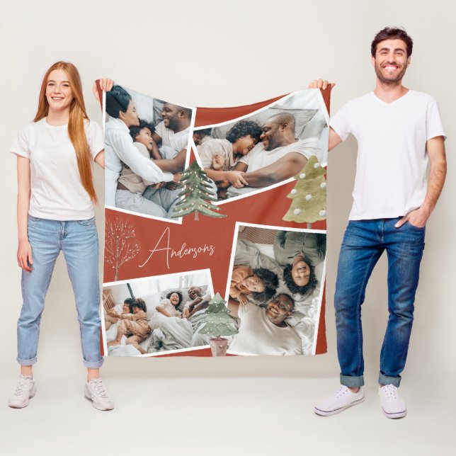 Modern Terracotta Multiphoto Christmas Pine Tree  Fleece Blanket (In Situ)