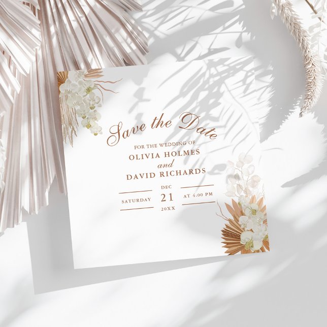 Modern Terracotta Pampas Grass Orchids Wedding Save The Date (Modern Terracotta Pampas Grass Orchids Wedding Save The Date on a sunny white table.
)