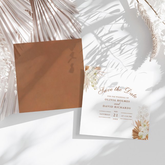 Modern Terracotta Pampas Grass Orchids Wedding Save The Date (Modern Terracotta Pampas Grass Orchids Wedding Save The Date on a sunny white table.)