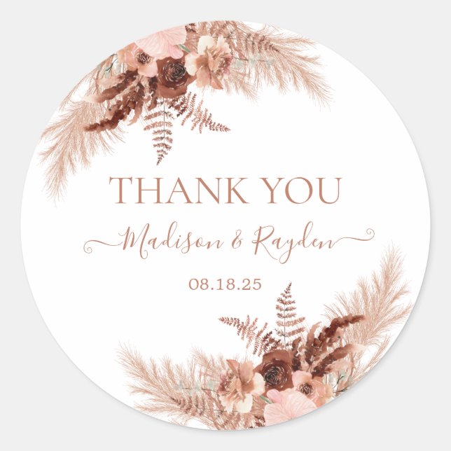 Modern Terracotta Pampas Wedding Thank you Classic Round Sticker (Front)