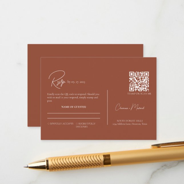 Modern Terracotta QR Code Script Wedding RSVP Enclosure Card (Front/Back In Situ)