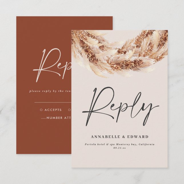 Modern terracotta rustic pampas grass wedding RSVP Card (Front/Back)