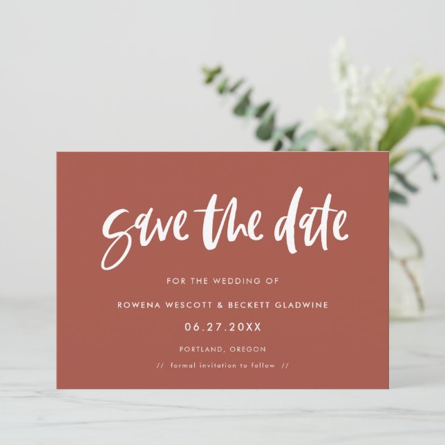 Modern Terracotta Save The Date (Standing Front)