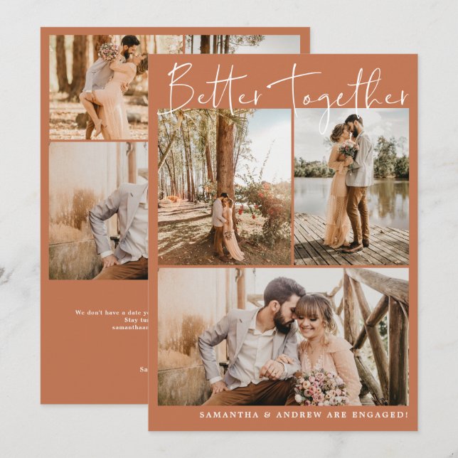 Modern terracotta script chic 6 photos engagement announcement (Front/Back)