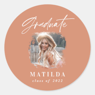 Modern terracotta script photo elegant graduation classic round sticker