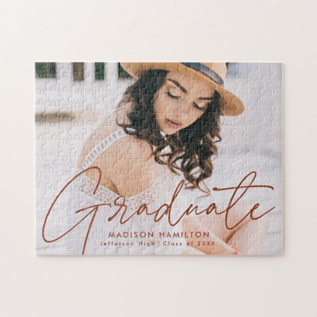 Modern Terracotta Script Photo Graduation Jigsaw Puzzle (Horizontal)