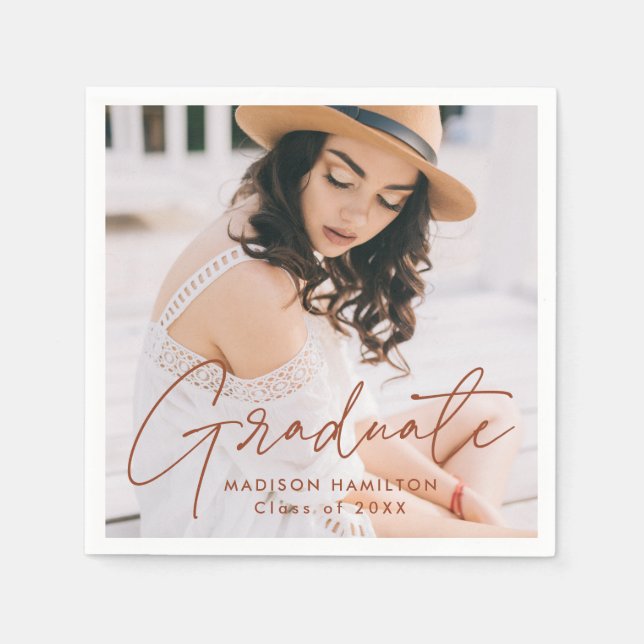Modern Terracotta Script Photo Graduation Napkin (Front)