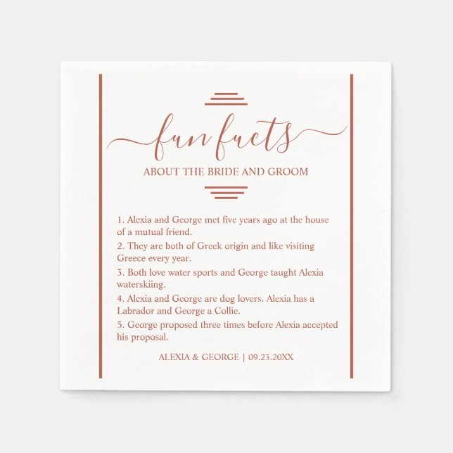 Modern terracotta typography Fun Facts wedding  Napkin (Front)