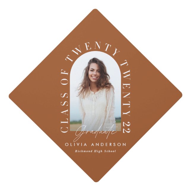 Modern terracotta typography photo arch  graduation cap topper (Front)