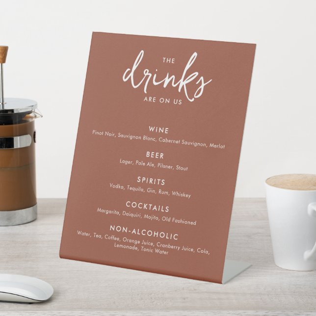 Modern Terracotta Wedding Bar Menu Pedestal Sign (In SItu)