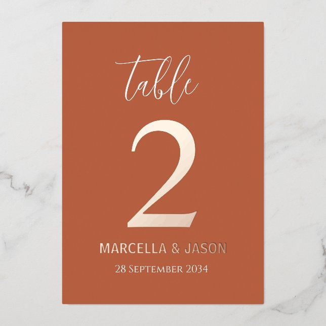 Modern Terracotta Wedding Table Number Rose Gold  (Front)