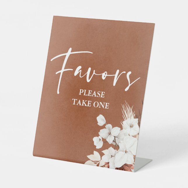 Modern Terracotta White Floral Boho Favours Pedestal Sign (Front)