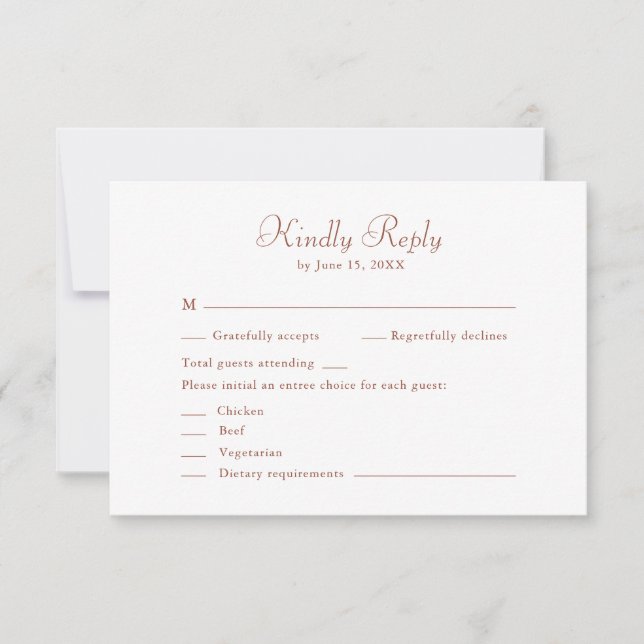 Modern Terracotta & White Minimalist Wedding RSVP Card (Front)