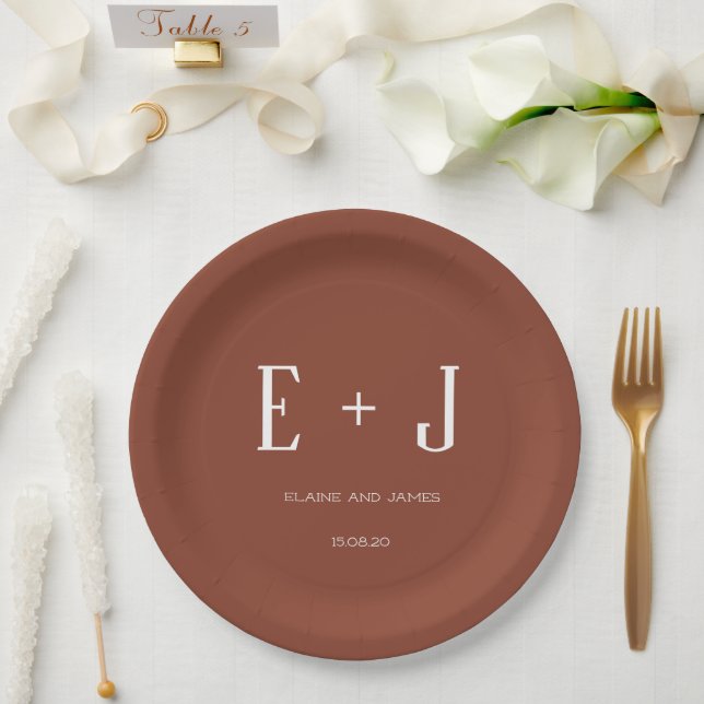Modern Terracotta & White Monogram Wedding Party Paper Plate (Wedding)
