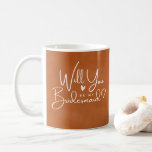 Modern terracotta will you be my bridesmaid coffee mug<br><div class="desc">Gift your bridesmaid a coffee mug saying " will you be my bridesmaid?" in a minimalist calligraphy lettering with a simple white heart on the centre and a cloudy terracotta burnt orange background.</div>