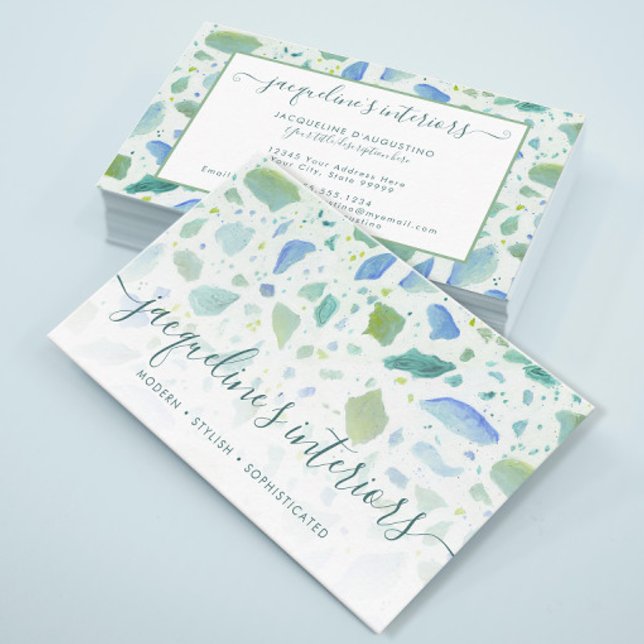 Modern Terrazzo Pattern Script Aqua Blue Green Business Card (Creator Uploaded)