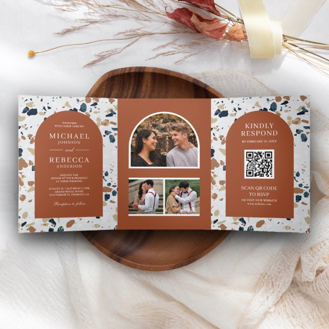 Modern Terrazzo Terracotta Arch QR Code Wedding Tri-Fold Invitation (Creator Uploaded)