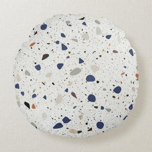Modern Terrazzo Tile Decorative Blue Grey White  Round Pillow