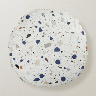 Modern Terrazzo Tile Decorative Blue Grey White  Round Pillow