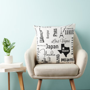 Modern text black and white image famouse cities throw pillow