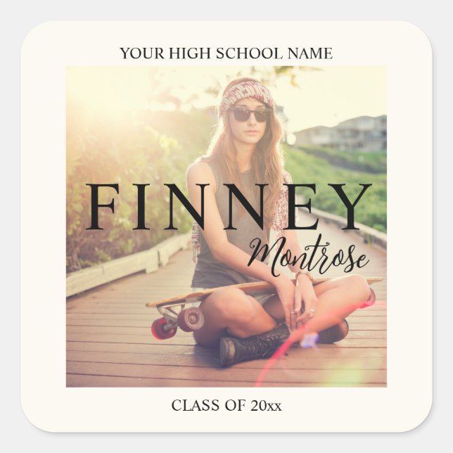 Modern Text Overlay Graduation Party Photo  Square Sticker (Front)