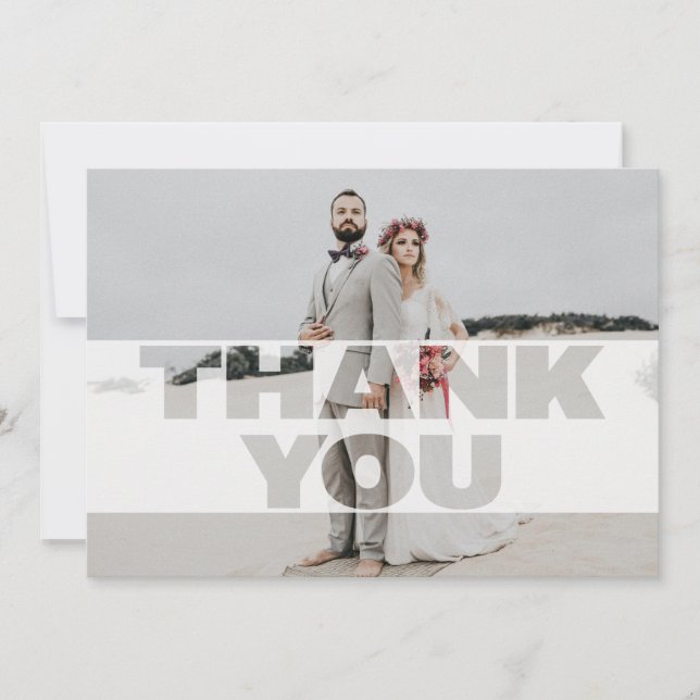 Modern Text Overlay Wedding Photo Thank You Card (Front)