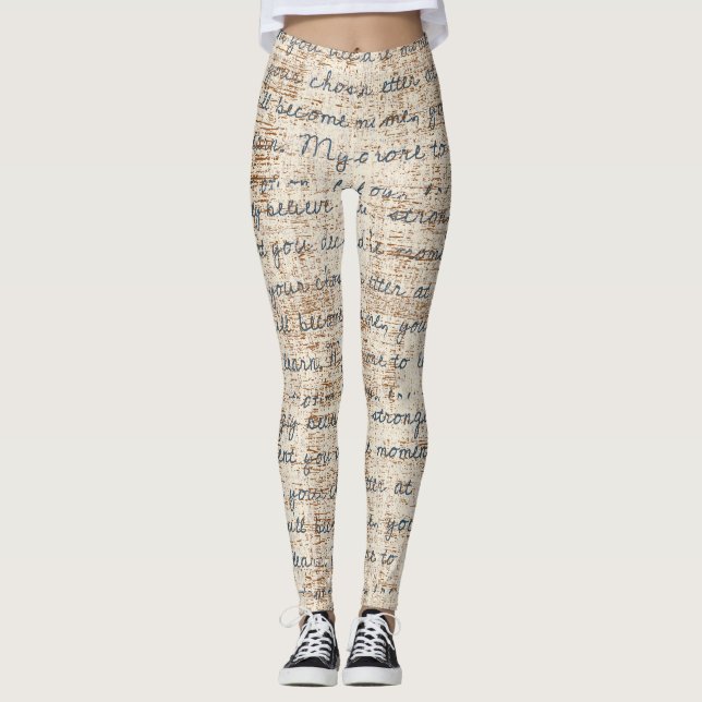 Modern text pattern beige and brown rustic retro leggings (Front)