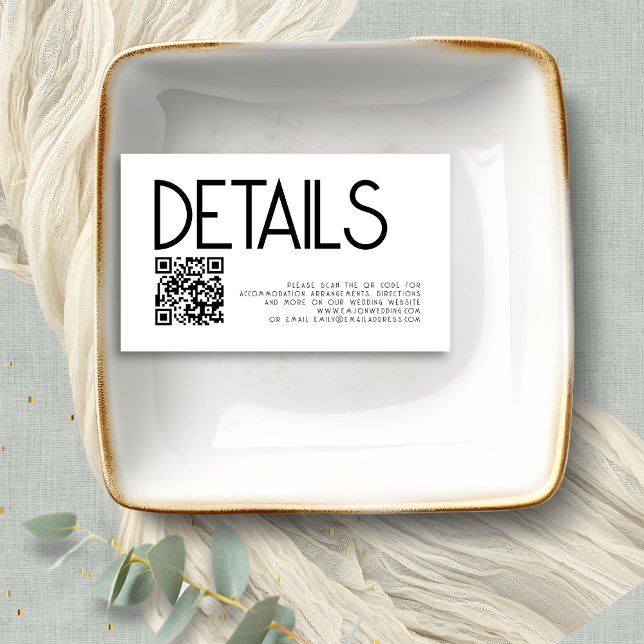 Modern Text QR Code Black White Wedding Details Enclosure Card (Mini size 3.5 x 2" enclosure)