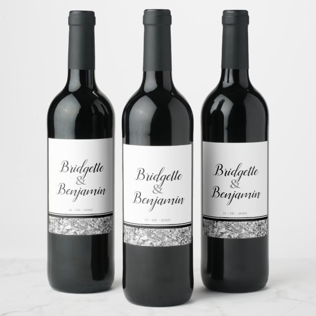 Modern Text Silver and Black Wedding Wine Label (Bottles)