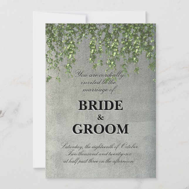 Modern Textured Concrete Wall with Green Vines Wed Invitation (Front)