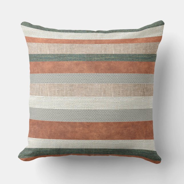 Modern Textured Stripes Of Fabric And Leather Outdoor Pillow (Front)