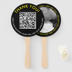 Modern Thank Black Yellow Website QR Code Photo Hand Fan